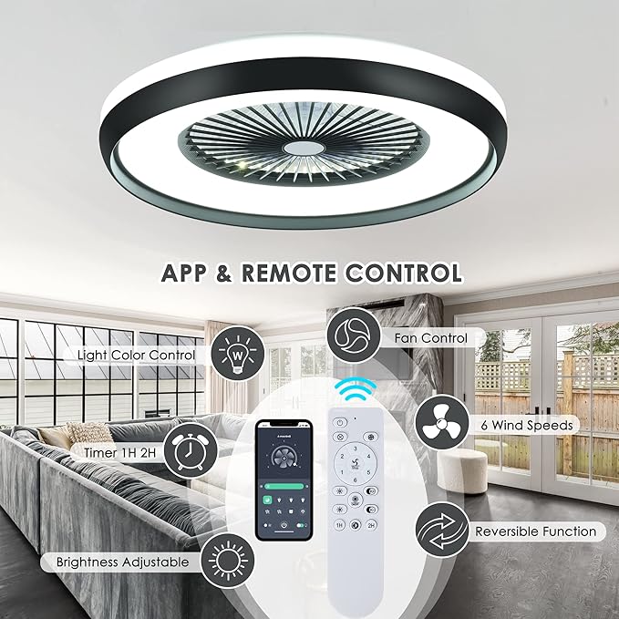 24" Bladeless Ceiling Fan with Light Remote, Smart LED Ceiling Fans with App Control, Modern Low Profile Dimmable Light Ceiling Fan for Bedroom Living Room Black