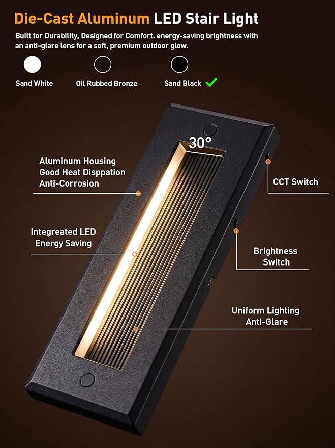 [6 Pack] Cloudy Bay 9 Inch 5CCT Low Voltage LED Outdoor Step Lights 12V-15V 3W/5W Dual-Bright Selectable Landscape Stair Lights,Exterior Deck Lights, Aluminum,Metal Black