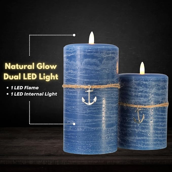 LumiPur Signature Coastal Collection Natural Glow Flickering Flameless LED Wax Pillar Candle (3.5" x 7", Steel Blue)