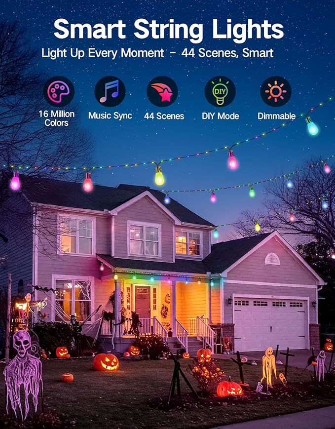 OUTON Outdoor String Lights, 46FT Smart AI RGB Patio Lights with Individual Bulb Control, APP Remote Voice Control, Works with Alexa and Google Assistant, IP65 Waterproof, Dimmable for Backyard Party
