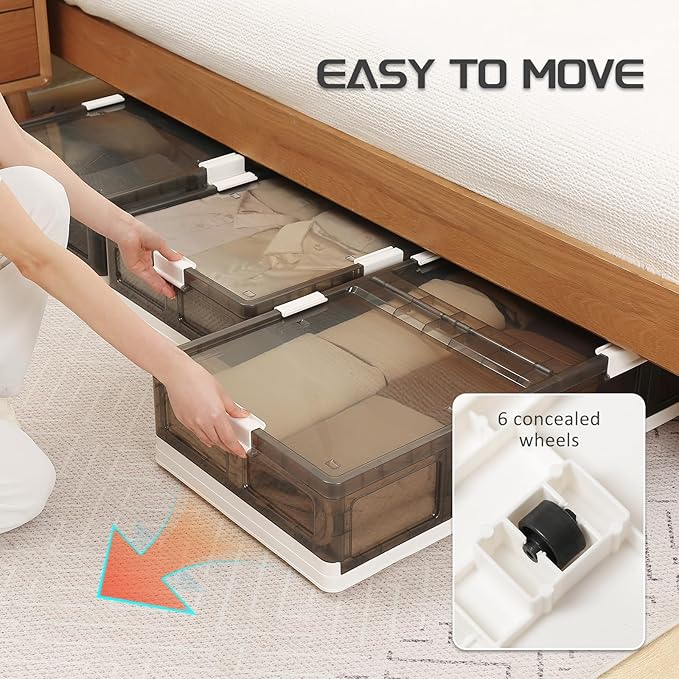 Under Bed Storage Containers with Wheels - Stackable, Foldable Plastic Storage Boxes with Lids for Clothes, Shoes, Blankets - Perfect for Bedroom Organization and Dorms (2 Pack-25.2''x16.5''x7.9'')