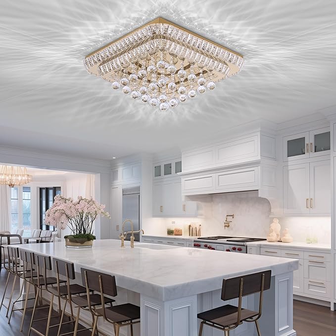 REDSTAR 24" Gold Crystal Ceiling-Light Flush Mount with Remote and APP, 3 Colors Temp & Brightness Adjustable, Modern Crystal Raindrop Chandeliers for Bedroom Hallway Dinning and Living Rooms-Square