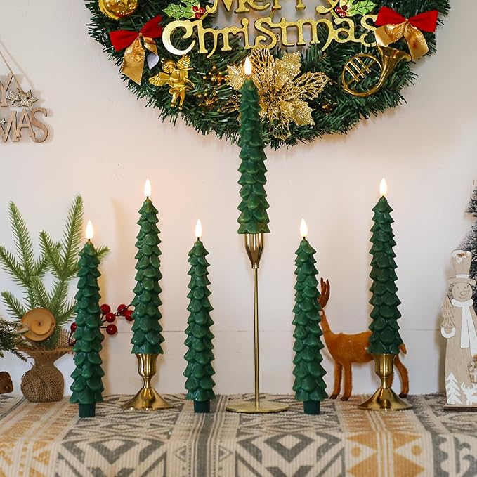 Lezonic 6Pcs Flameless Christmas Tree Candles with Remote Timer, LED Taper Candles Battery Operated Flickering Flame, 10 Inches Green Real Wax Window Candlesticks for New Year Xmas Decorations