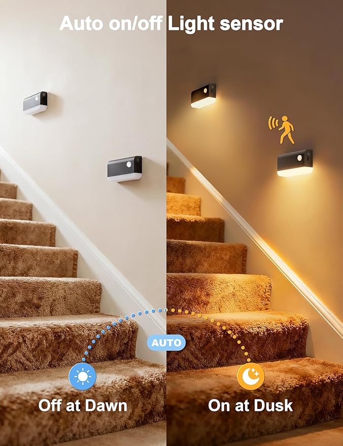 NIORSUN Motion Sensor Stair Lights Indoor, 8 Pack Rechargeable Wireless Step Lights with 3 Color Temperatures, 1200mAh Battery, Magnetic Base for Hallway, Closet, Bathroom, Black