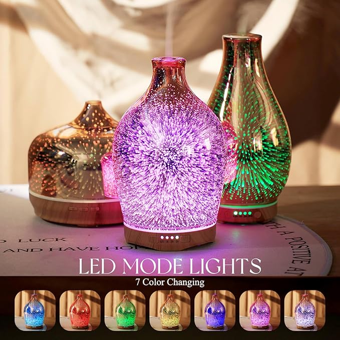 Porseme 280ml Essential Oil Diffuser 3D Glass Aromatherapy Ultrasonic Humidifier - Auto Shut-Off, Timer Setting, BPA Free for Home Hotel Yoga Leisure SPA Gift(Rose Gold)