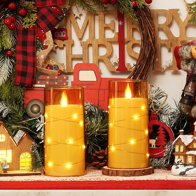 Homemory Flameless Candles with Embedded Star String Fairy Lights, Battery Operated Candles, LED Candle, Fake Candles with Remote Control and Timer, Gold, Set of 2(H 6" 6")