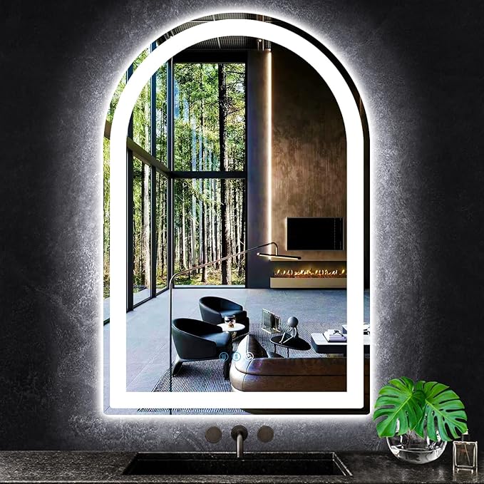 36 x 24 Inch Bathroom Arch Vanity Mirror with Light Arch LED Mirror for Bathroom Wall Mounted Arched Lighted Mirror AntiFog Dimmable 3 Color 36" Half Round Arched Smart LED Light up Mirror