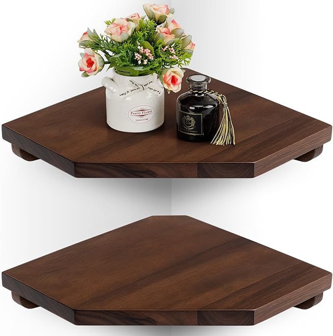 Demigo [Upgraded] Hexagon Corner Floating Shelves Wall Mount (2pcs) – Solid Acacia Wood with Hidden Brackets & Cable Hole – Rustic & Modern Space-Saving Shelves for Bedroom Living Room Office Kitchen