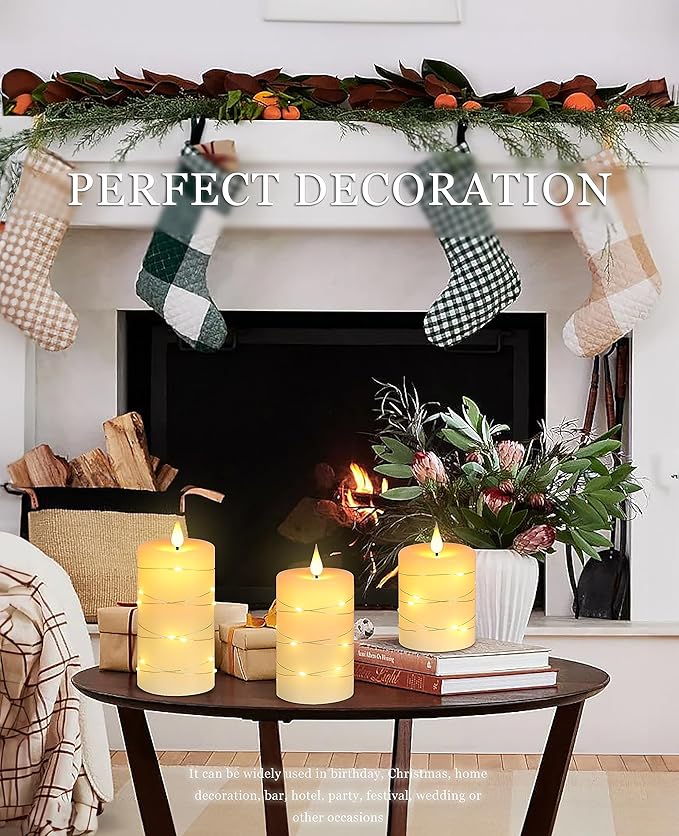 Upinmz Flickering Flameless Candles with Embedded String Lights, Battery Operated Candles with Remote Control and Timer,LED Candles for Home Decoration,Real Wax, 3 Pack Ivory
