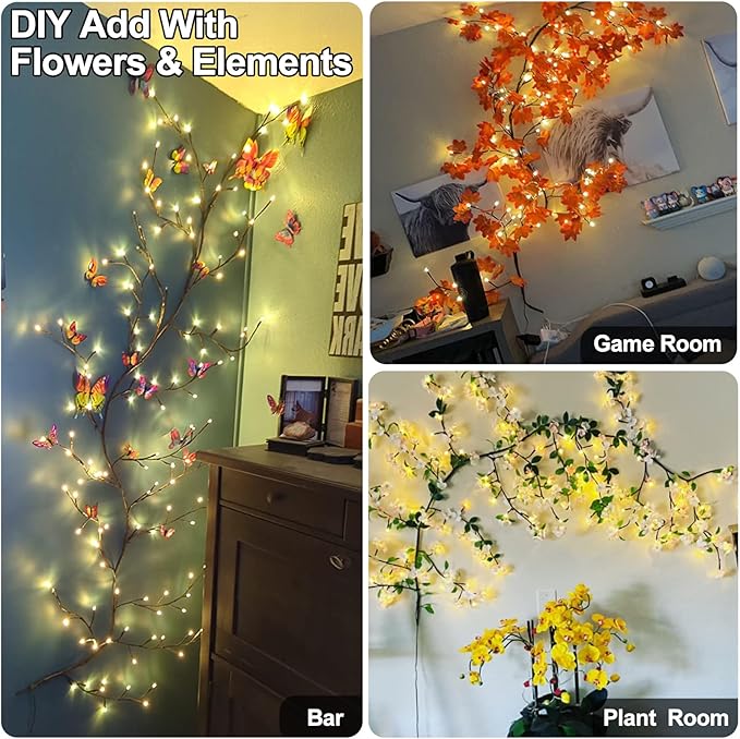 Vines for Home Decor with Remote, 7.5Ft Christmas Swags Decorations Indoor Artificial Plants Tree Branches 144 LEDs Lighted Willow Vine Lights for Walls Bedroom Living Room Decor Aesthetic (1PCS)