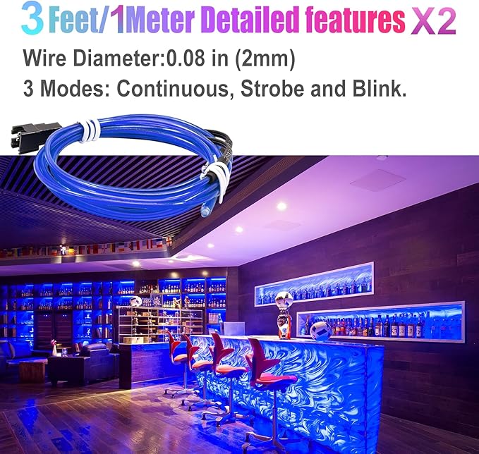 Ourbest 5in1 Electroluminescent Neon Strip Light Wire, EL Wire Lights Battery Pack for Cosplay Party Decoration 3Mode Stay/Slow/Fast Flash(10Pack 3Ft with 2 Battery Boxes Blue)