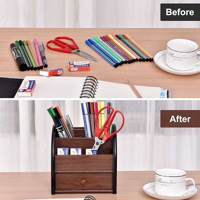 Wooden Desktop Organizer with Drawer, Multifunctional Office Supply Storage - Remote Control Caddy Holder