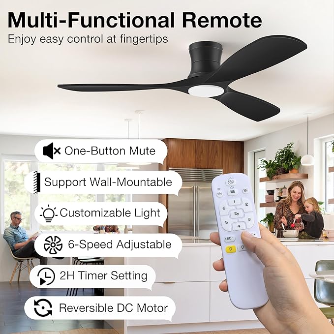 52inch Wood Ceiling Fans with Lights and Remote,Low Profile Modern Black Ceiling Fan with Light,Outdoor Indoor Flush Mount Ceiling fan,for Bedroom Living room Patio,3 Blades,Dimmable LED,Quiet