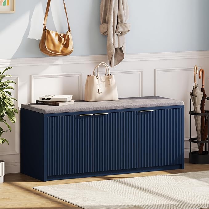 2-Tier Shoe Storage Bench with 3 Doors & Adjustable Shelf, Removable Washable Padded Seat Cushion, 41.3" Entryway Storage Cabinet for Living Room, Bedroom – Navy Blue Modern Design