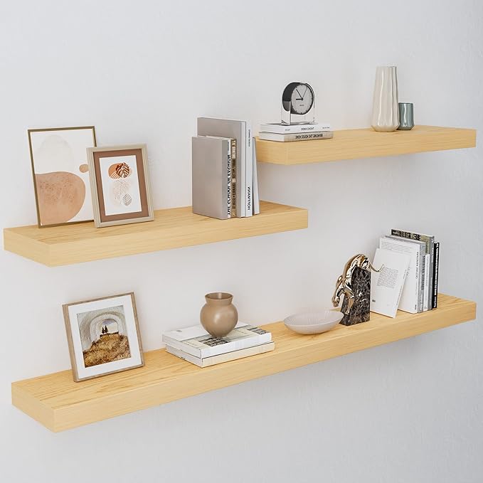 White Oak Floating Shelf for Wall Set of 3, 2 Inch Thick Wood Floating Shelves Wall Mounted, 8" Deep Floating Shelf for Kitchen Living Room Bathroom Laundry Office, 50LBS Capacity (24 & 48In)
