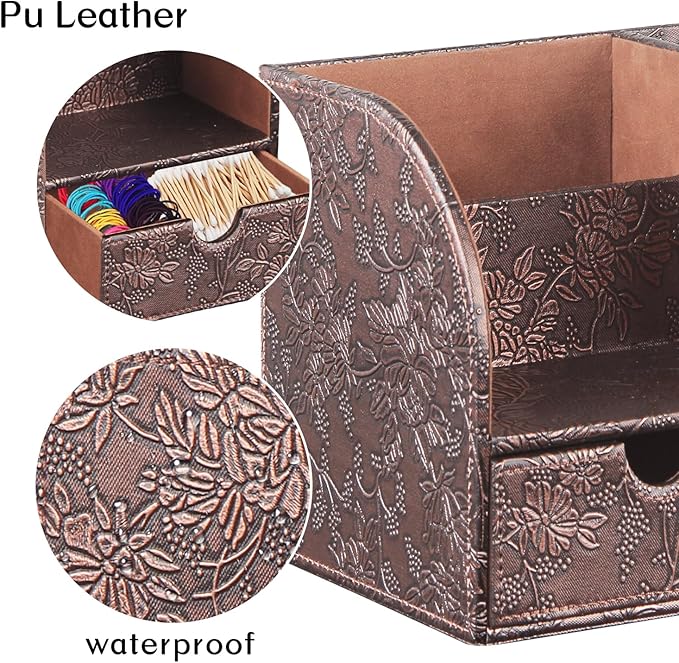 Fanousy Square Tissue Box Cover with Drawer Storage and Tray on Top, PU Leather Tissues Cube Boxes Holder, Modern Nightstand Organizer Caddy, Remote Control Holder for Bathroom, Bedside, Office, Home