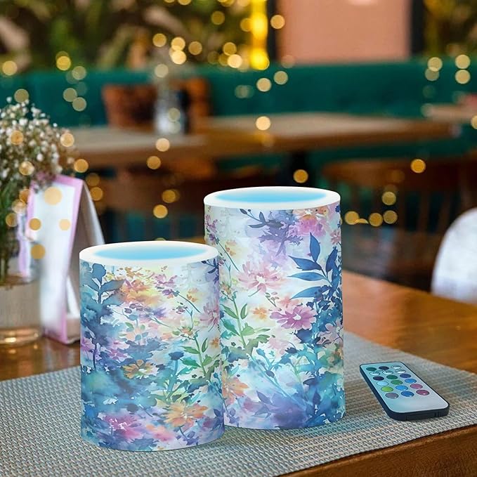 Watercolour Blue and Pink Flowers Flameless Candles Color Changing LED Candles with Remote Control Battery Candles for Outdoor and Indoor Home and Room Decoration, 3'' x 4''/5'' Set of 2 Pieces