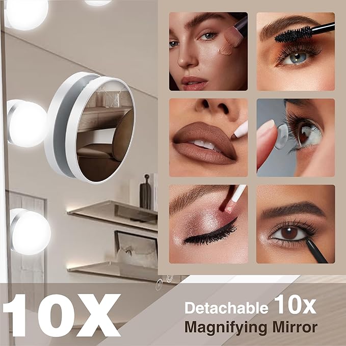 Vanity Makeup Mirror with Lights,Hollywood Vanity Mirror with 3 Color Modes,Lighted Vanity Mirror with Dimmable LED Bulbs &10X Magnification for Desk,Bedroom,Tabletop (White, 20.5" x 15.7")