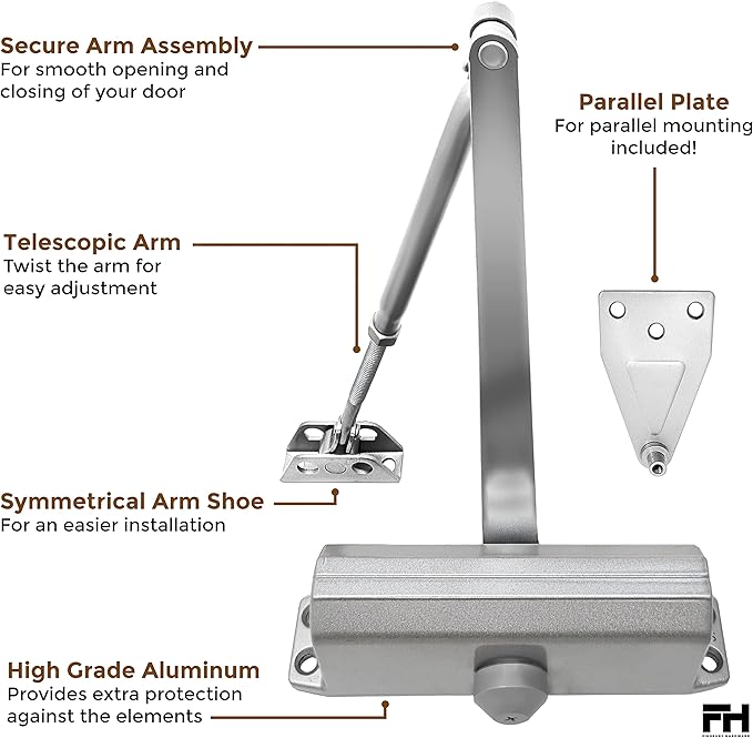 Automatic Door Closer Adjustable Size 3 Spring Hydraulic Auto Door Closer Residential Garage Suite Entry UL Listed Fire Rated Latch Speed Power 3 (Aluminum)