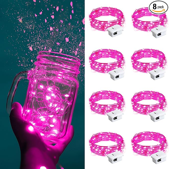 ZGWJ Fairy Lights Battery Operated, 8 Pack Pink LED String Lights 20 LED 7FT Waterproof 3 Lighting Modes for Valentines Day, Bedroom Decor, Halloween, Christmas, Party Indoor and Outdoor Decoration
