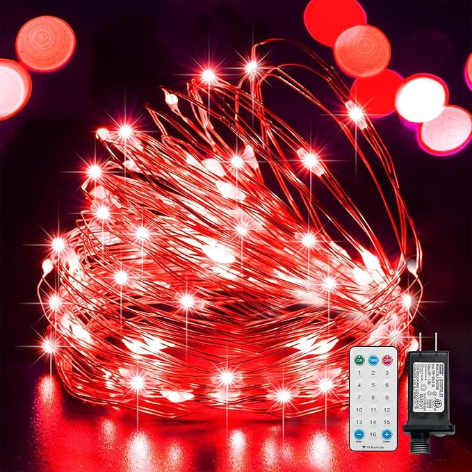 LAMPHOME Valentine's Day Red Fairy Lights Plug in, 33Ft 100 LEDs Waterproof Twinkle Firefly Lights, Starry String Lights for Galentine's Day Wedding Indoor Outdoor Christmas Patio Garden