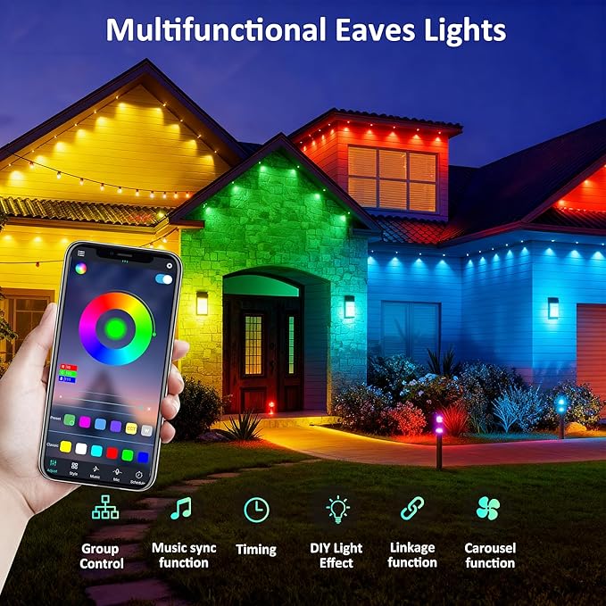 RGB Permanent Outdoor Lights, 100FT Smart LED Eaves Lights with APP & Remote Control, IP67 Waterproof Outdoor String Lights for Christmas, Halloween,Party, Garden, Patio, House Decor