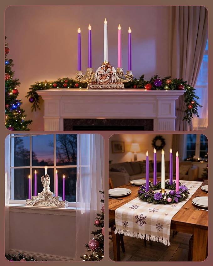SURAIELEC Set of 5 Battery Operated Advent Candles, 10.5'' Christmas Taper Candle with Remote, Timer, Flameless LED for Advent Wreath, Christmas Decoration (Rechargeable Battery Not Compatible)