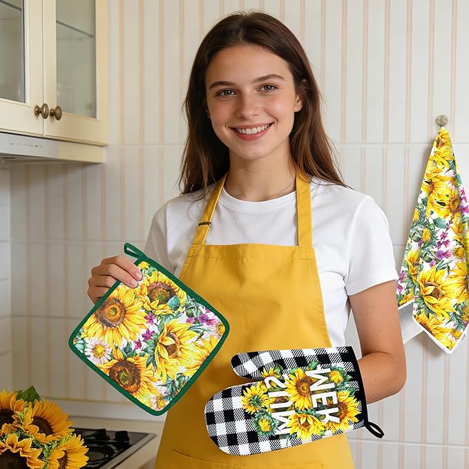 8 Pcs Sunflower Plaid Kitchen Towels and Dishcloths Sets - Pot Holders and Oven Mitts Set Kitchen Accessories 4 Dish Towels 2 Absorbent Square Potholders for Cooking Baking Farmhome Gifts