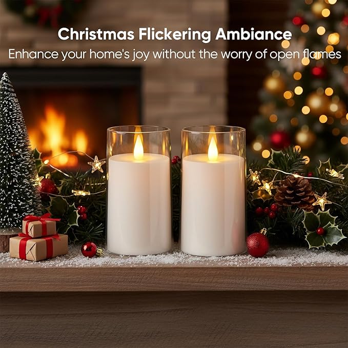 Amagic 3"×5" White Flameless Candles with Remote and Timer, Realistic Flickering Battery Operated Acrylic Led Fake Candles for Home Wedding Party Fall Christmas Decor, Set of 2