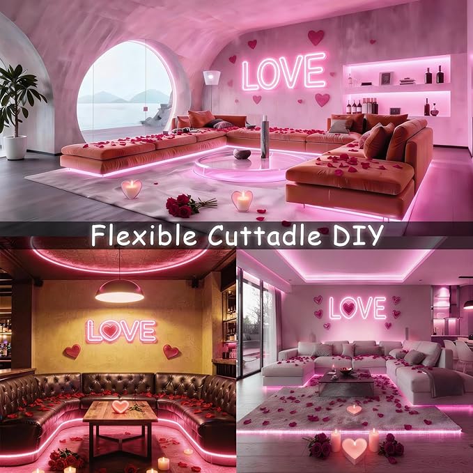 Pink 10 Foot Led Lights Strip Valentines Day Decor Rope Lights Easy DIY Princess Bedroom Cuttable Strip Lights for Baby Room Bathroom Living Room Kitchen Ceiling Wall Vanity Mirror Decoration