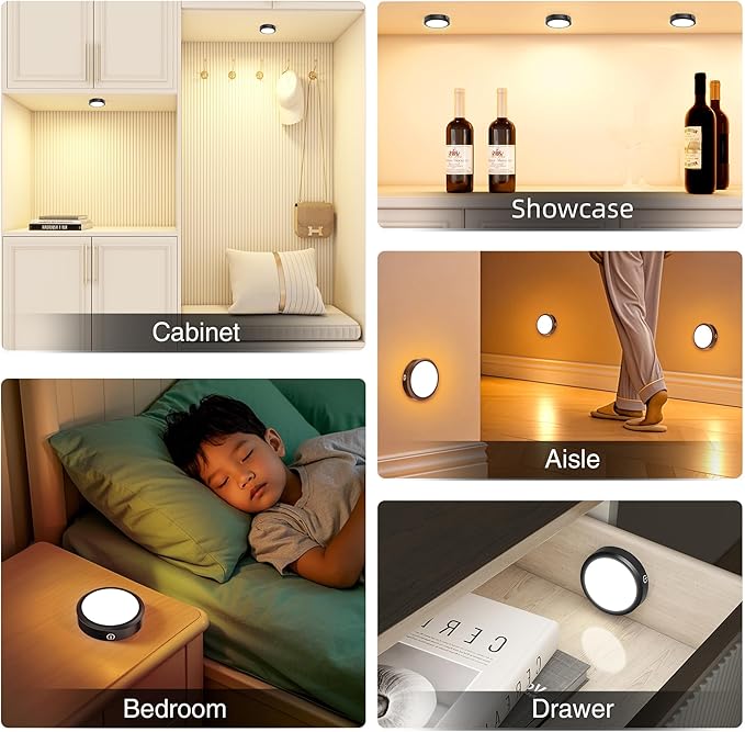 Rechargeable Puck Lights with Remote Control,LED Under Cabinet Light with Full-Screen,3 Color Temperatures Stick On Wireless, Tap for Kitchen,Cabinet,Counter,Closet,Shelf,2 Pack, Black