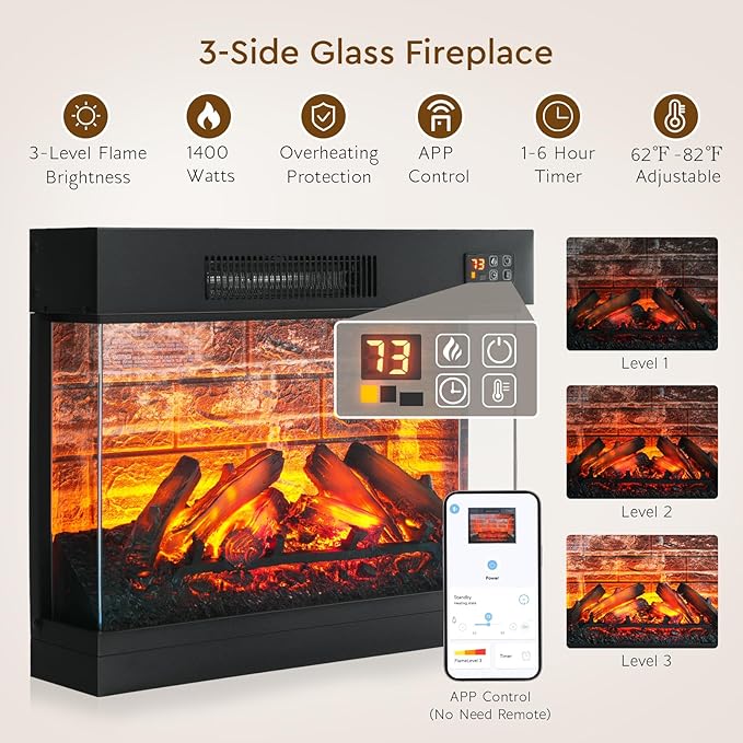 LGHM LED Electric Fireplace TV Stand with Outlet, 72'' Fireplace Mantel for TVs up to 80'', Modern Entertainment Center with 3-Sided Glass Fireplace Heater Insert for Living Room