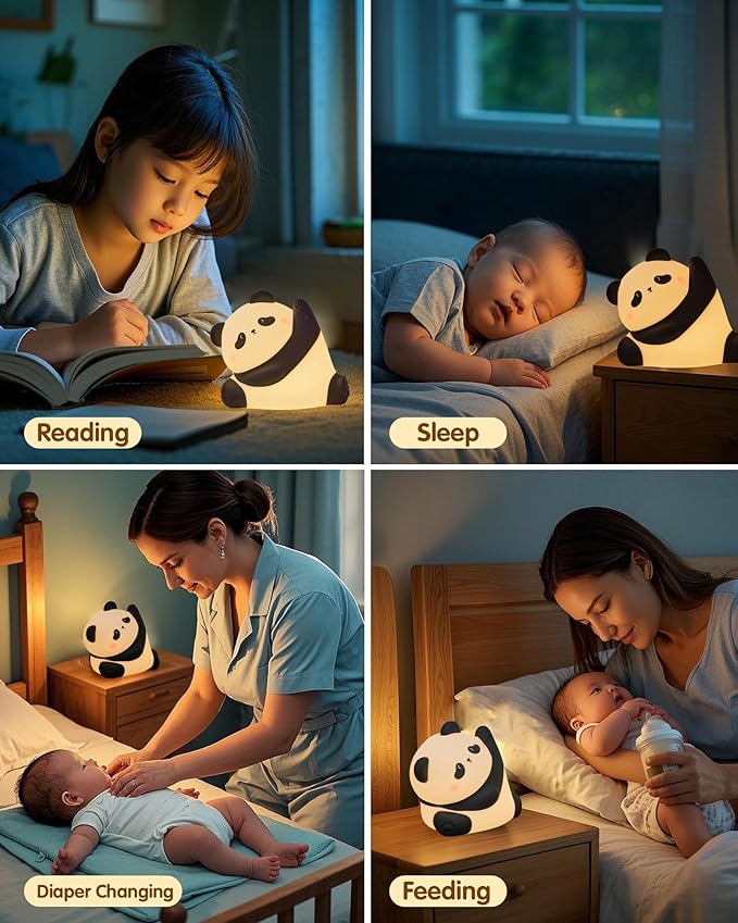 Panda Night Light, Rechargeable 3 Level Dimmable LED Squishy Nursery Nightlight, Food Grade Silicone Animal Night Lamps Cute Bedside Touch Lamp for Breastfeeding Holiday Gift for Boys & Girls