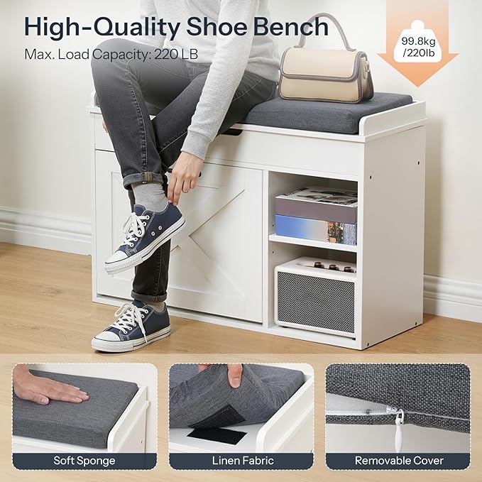 HOOBRO Shoe Storage Bench with Cushion, Modern Entryway Bench with Flip Drawer and Hidden Top Compartment, Shoe Cabinet with Seat and Adjustable Shelves for Hallway, 31.5" L, White and Gray, WG55HX01