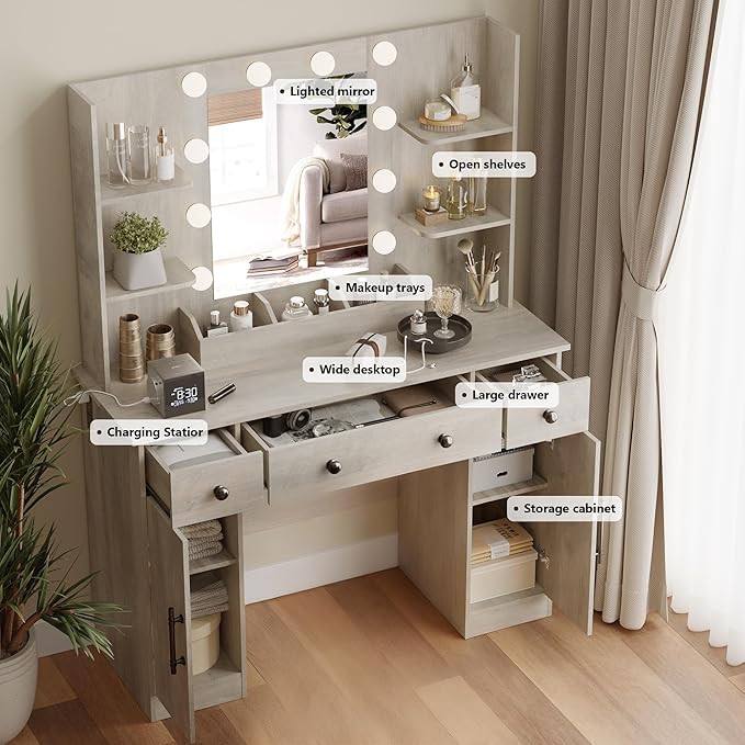 Makeup Vanity Desk with Mirror and Lights, 43" Grey Vanity Set with 3 Drawers, Power Outlet & Adjustable RGB LED Lights, Dressing Table with Storage Shelf for Women & Girls Bedroom