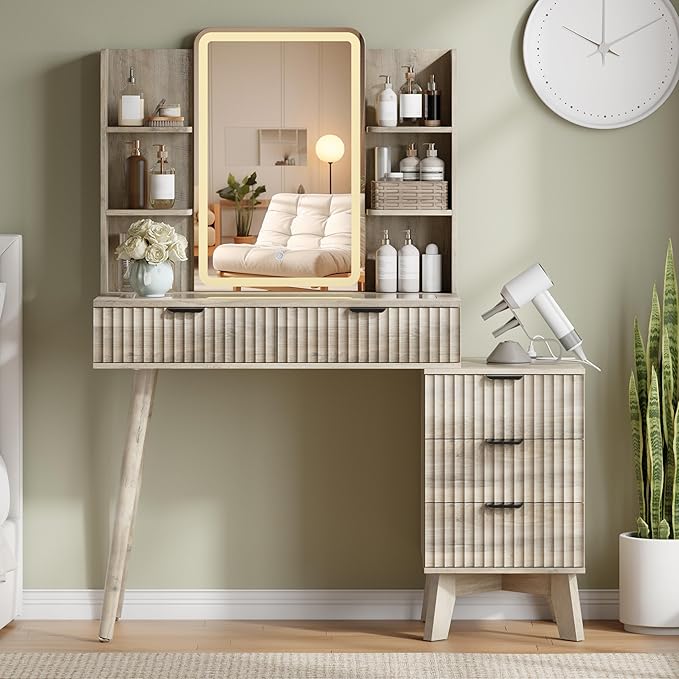 42'' Fluted Makeup Vanity Desk with LED Lights Mirror & Charging Station, Modern Glass Top Vanity Table with 5 Drawers & Open Shelves, Dressing Table for Bedroom, Living Room, Grey