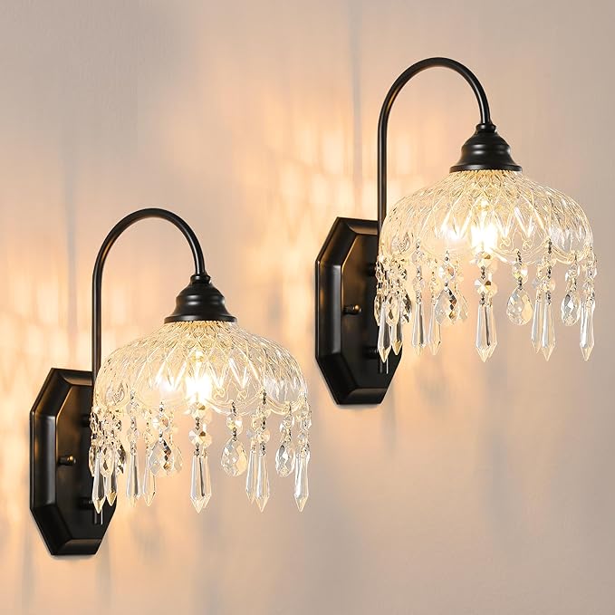 2-Pack Vintage Glass Crystal Wall Sconce, Matte Brushed Antique Black Finish, for Bedroom Bathroom Hallway Living Room