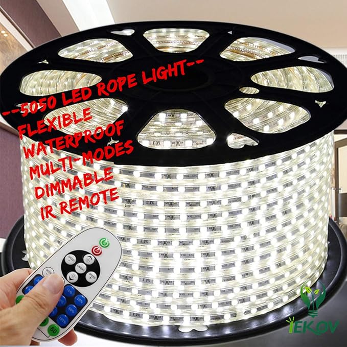 White Color LED Strip Light, AC 110-120V Flexible/Waterproof/Multi-Modes Function/Dimmable SMD5050 LED Rope Light with Remote for Home/Office/Building Decoration (16.4ft/5m)