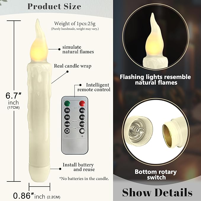 Ivory White Flameless Short Taper Candles, Real Wax Hand Dipped LED Battery Operated with Remote, Flickering Flame Lights for Festival Home Décor, 6.7 Inch Primitive Flameless Candles, 4PCS