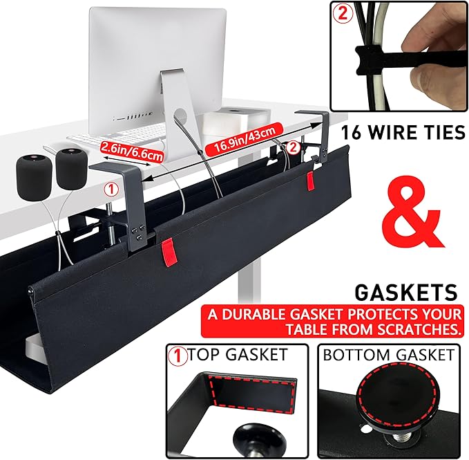 [Upgraded] Under Desk Cable Management, 28" Cord Organizer,with Silicone Pads (No Scratch!),16 Cable Ties, Washable PE Honeycomb Base,Fits Any Desk 0-2.1",No Stinky Cardboard! Black 28"L x 6.0"W