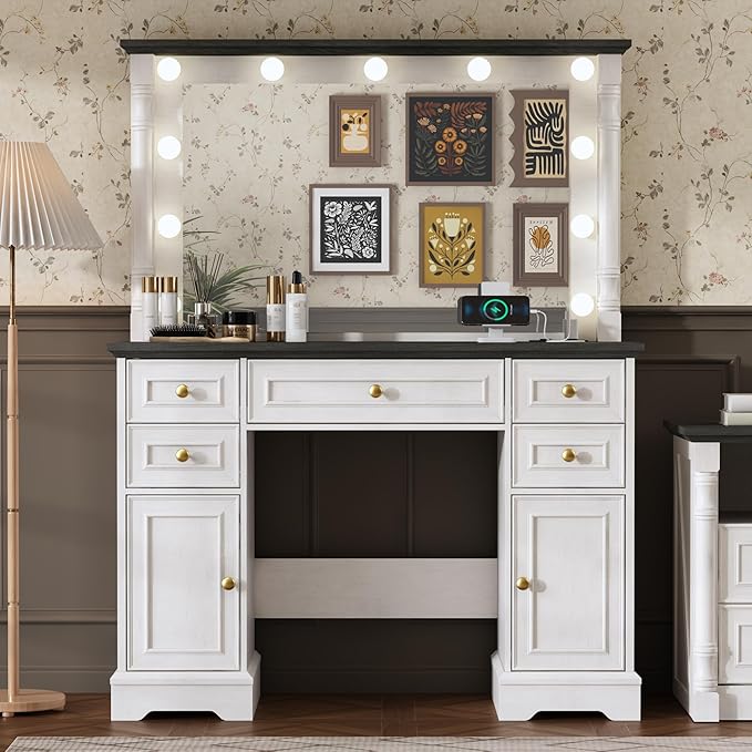 Vanity Desk with 38" Large Mirror and 11 LED Lights, Adults Makeup Vanity with 5 Drawers and 2 Cabinets & Power Outlet and 3 Lighting Modes, Farmhouse Wooden Dressing Table for Bedroom, Antique White