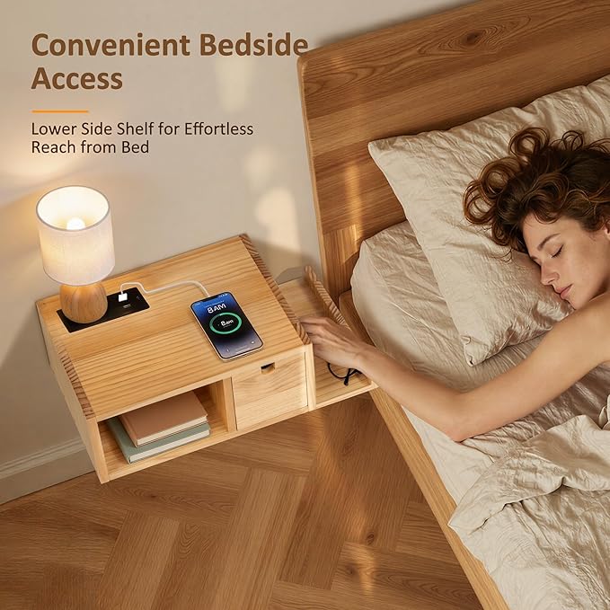 Afuly Floating Nightstand Set of 2 with Charging Station, Wall Mount Night Stands with Drawer Hanging Bedside Table End Table, Solid Wood Modern Side Table Shelf for Bedroom Natural Wooden Decor