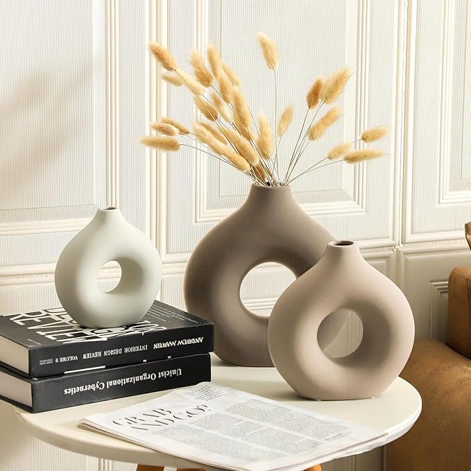 Ceramic Vase Home Table Decor - Flower Vases Set of 3 Small Living Room Centerpiece Decorations for Shelf Bedroom Office Kitchen Dining Desk Modern Aesthetic Farmhouse Decorative (Farmhouse)