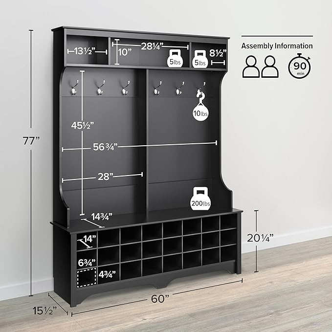 Prepac Black Hall Tree, Shoe Cabinet, Storage Cabinet with 24 Shoe Cubbies and 6 Double Coat Hooks 15.5" D x 60" W x 77" H