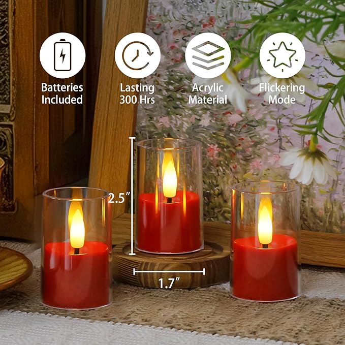 8pcs Battery Operated 1.7" x2.5" Clear Acrylic Remote LED Tea Lights, Flameless 2/4/6/8h Timer Fake Red Bulk Votive Candles with Batteries, Flickering Warm Light Pure Plastic Tealights