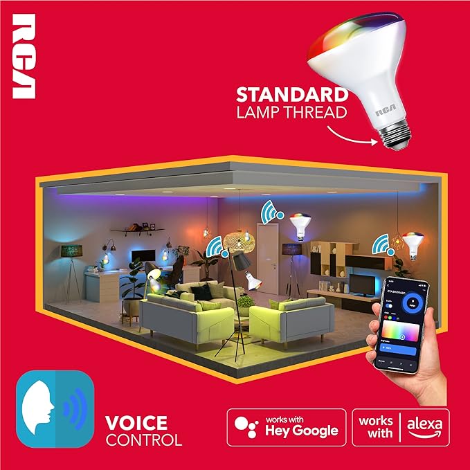 RCA WiFi LED Smart Light Bulbs 2-Pack, BR30 Indoor Flood Light 9W 60W Equivalent, Alexa Devices Compatible, Google Home, Dimmable Tunable White & Color Changing Lightbulb, 720 Lumens E26