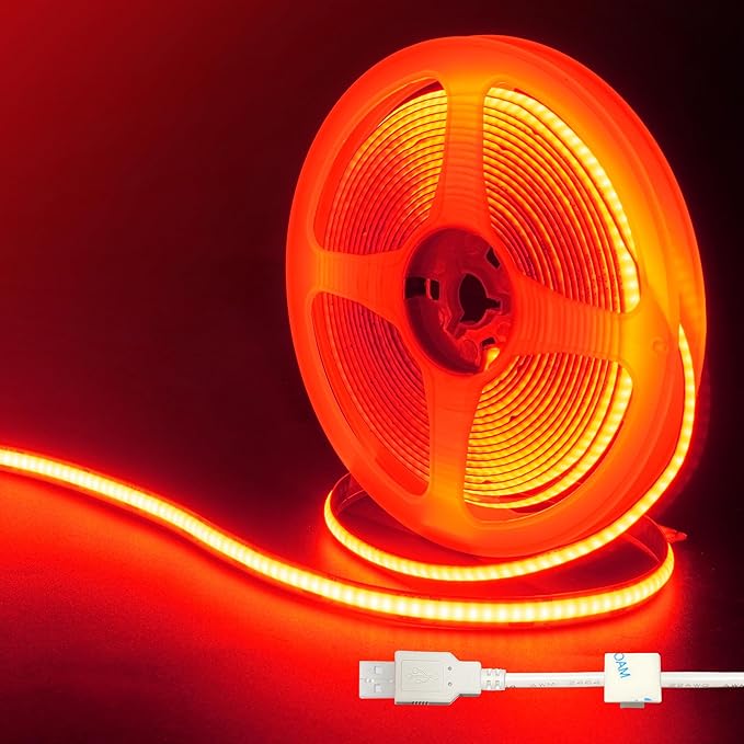 5V USB COB LED Strip Lights,16.4FT/5M,Red,320LEDs/M,8mm Width,Not Waterproof IP20,1M USB Cable,Flexible LED Tape Light for DIY Home Indoor Decoration