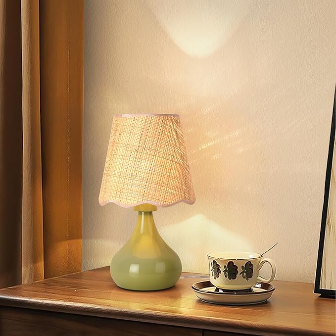 Green Cute Small Boho Table Lamp for Bedroom Bedside, Green Lamps for Nightstand, Scalloped Rattan Shade Table Lamps for Small Spaces for Bedroom, Home Office, Living Room, Kids Dorm