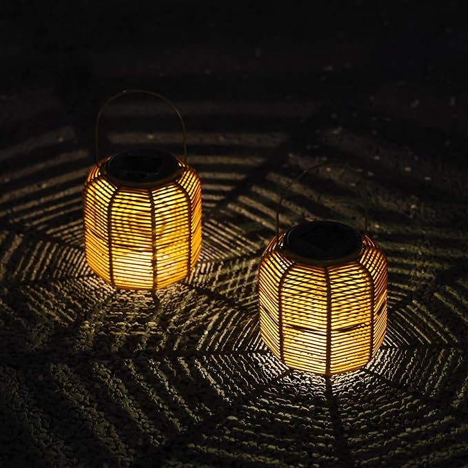 Solar Outdoor Rattan Lanterns, Decorative Hanging Lights for Patio Garden Backyard （Two Pack）(Style 2)