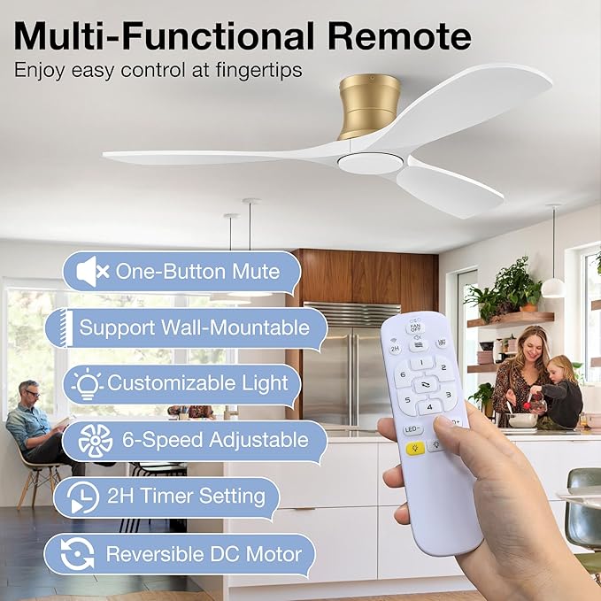 52inch Wood Ceiling Fans with Lights and Remote,Low Profile Modern Ceiling Fan with Light,Outdoor Indoor Flush Mount Ceiling fan,for Bedroom Living room Patio,White Gold,3 Blades,Reversible,Quiet